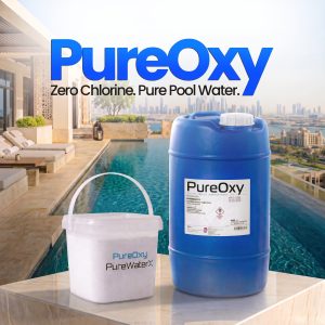 A breathtakingly sparkling, crystal-clear backyard swimming pool located in a gorgeous luxury UAE villa, perfectly treated and balanced by the powerful PureOxy chlorine-free system.