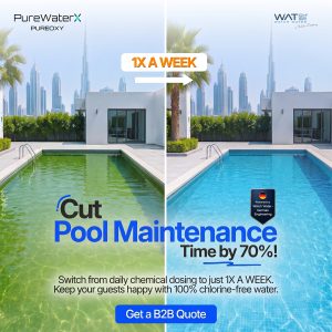 A side-by-side visual comparison of two swimming pools highlighting how the PureOxy system cuts daily maintenance time by 70 percent with a single 100% chlorine-free weekly dose.